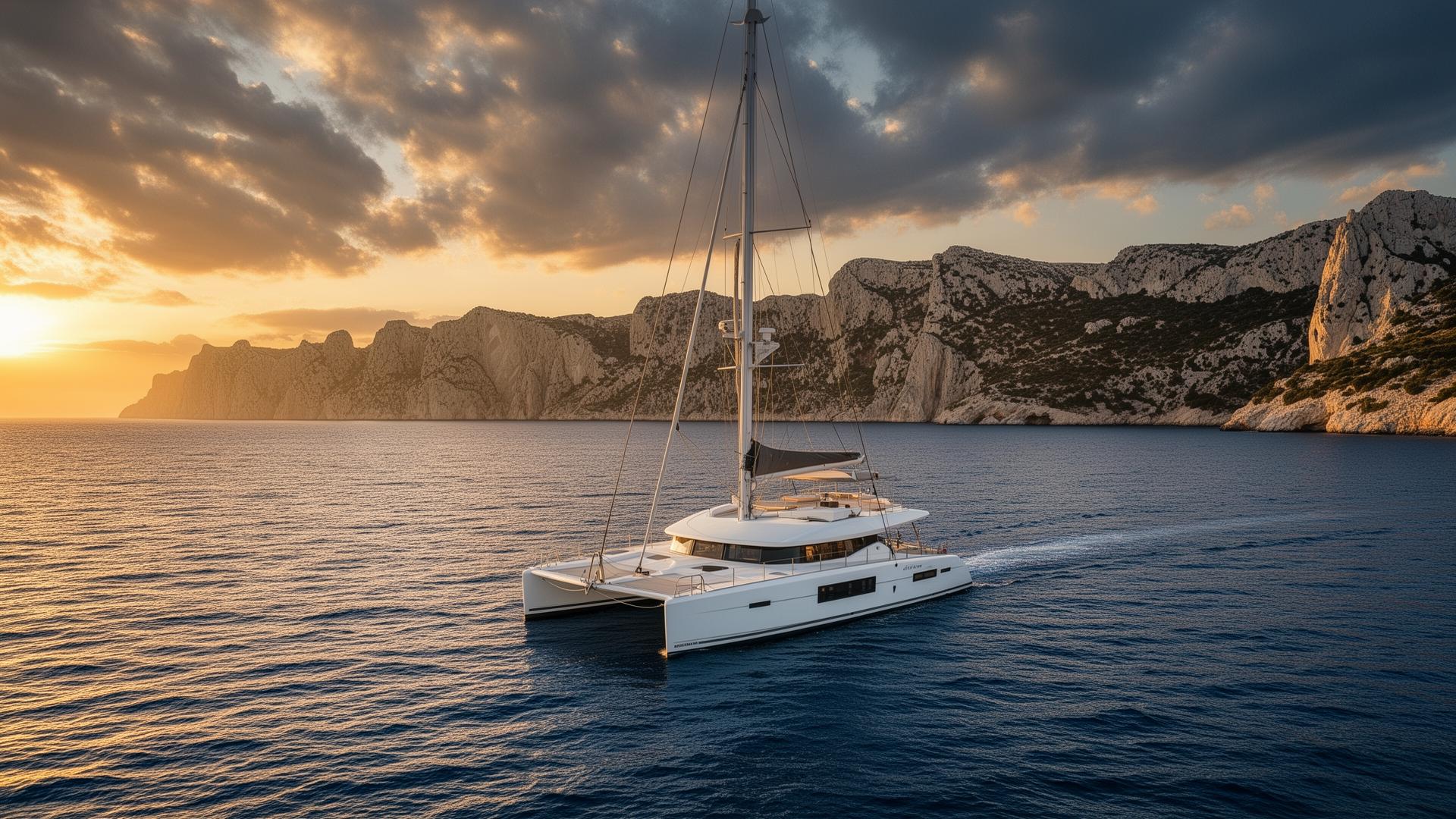 Catamaran de luxe naviguant au large de Marseille au coucher du soleil