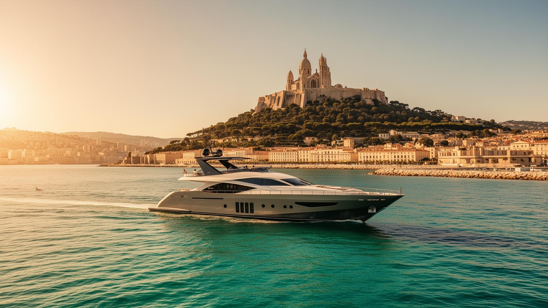 Yacht naviguant au large de Marseille avec vue sur Notre-Dame de la Garde